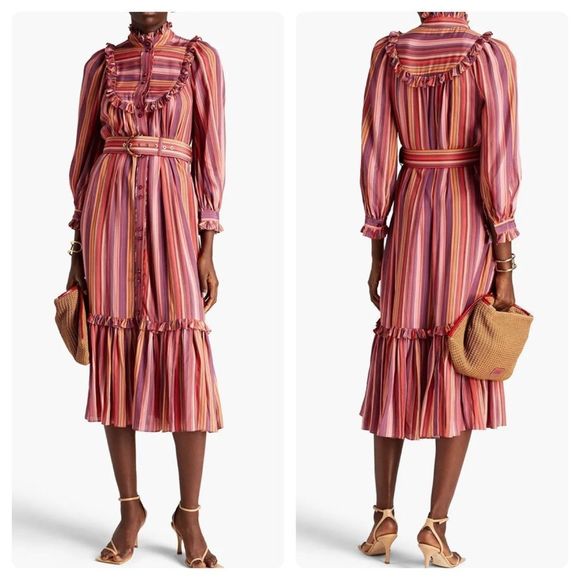 Zimmermann Dresses & Skirts - Zimmerman ruffled striped crepe de chine belted silk blend midi dress size 2/Med